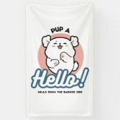 Hallo Pup a! – Happy White Dog Cartoon Design Spandoek (Verticaal)