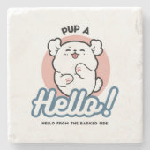 Hallo Pup a! – Happy White Dog Cartoon Design Stenen Onderzetter (Voorkant)