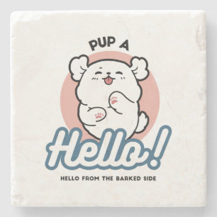 Hallo Pup a! – Happy White Dog Cartoon Design Stenen Onderzetter