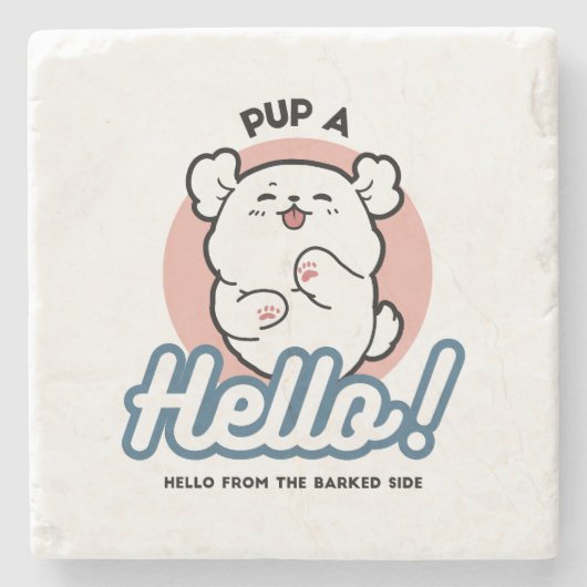 Hallo Pup a! – Happy White Dog Cartoon Design Stenen Onderzetter (Voorkant)