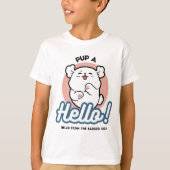 Hallo Pup a! – Happy White Dog Cartoon Design T-shirt (Voorkant)