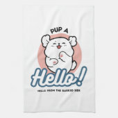 Hallo Pup a! – Happy White Dog Cartoon Design Theedoek (Verticaal)