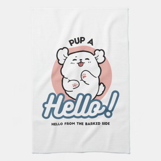 Hallo Pup a! – Happy White Dog Cartoon Design Theedoek (Verticaal)