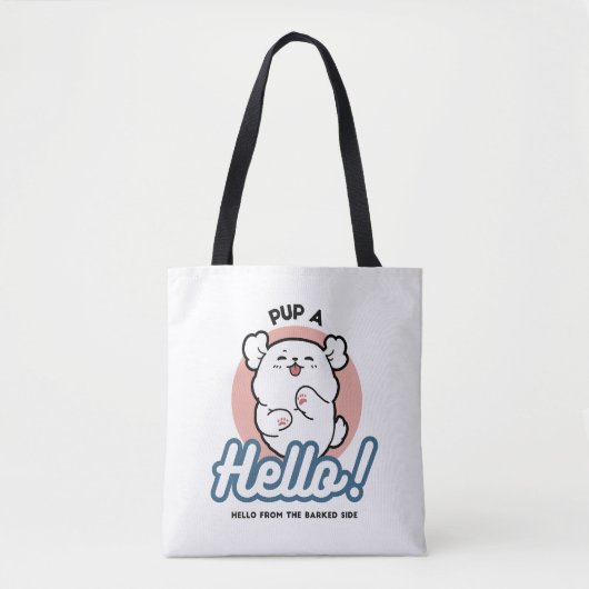 Hallo Pup a! – Happy White Dog Cartoon Design Tote Bag (Voorkant)