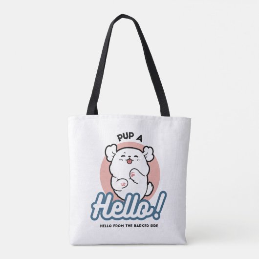 Hallo Pup a! – Happy White Dog Cartoon Design Tote Bag (Achterkant)