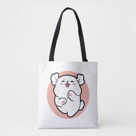 Hallo Pup a! – Happy White Dog Cartoon Design Tote Bag (Voorkant)
