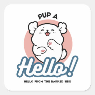 Hallo Pup a! – Happy White Dog Cartoon Design Vierkante Sticker