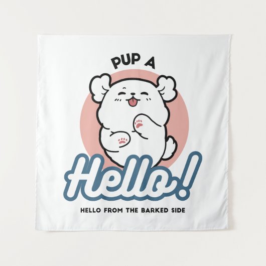 Hallo Pup a! – Happy White Dog Cartoon Design Wandkleed (Voorkant)