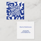 Hallo QR Code Retro Groovy Blauw Wit Squigggles Vierkante Visitekaartje (Voorkant / Achterkant)