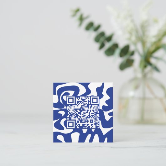 Hallo QR Code Retro Groovy Blauw Wit Squigggles Vierkante Visitekaartje (Staand voorkant)