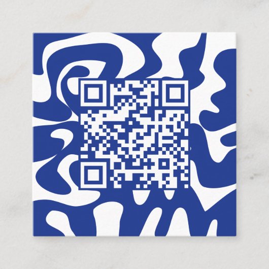 Hallo QR Code Retro Groovy Blauw Wit Squigggles Vierkante Visitekaartje (Voorkant)