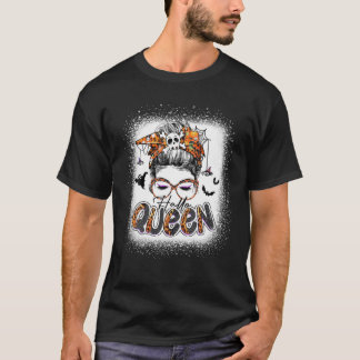 Hallo Queen Halloween Messy Bun Spider Women Skull T-shirt