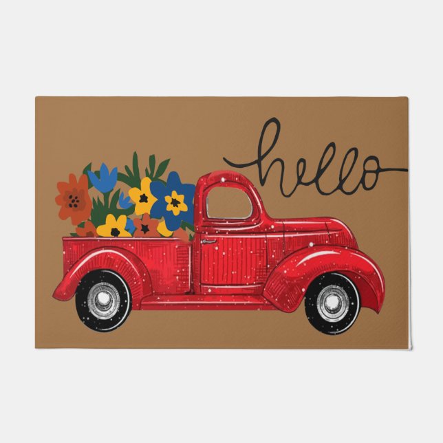 hallo Red Truck en Flower Mat, Retro Deurmat (Voorkant)