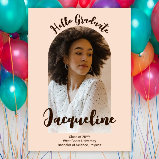 Hallo Retro Afstuderen 2025 Peach Script Arch Foto Kaart