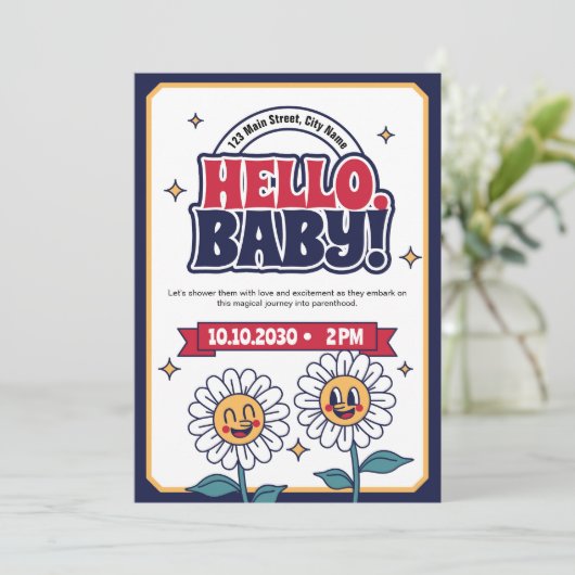 Hallo Retro Baby shower uitnodiging (Staand voorkant)