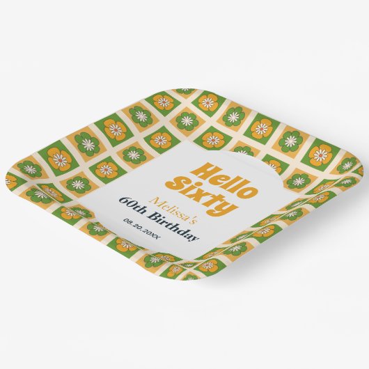 Hallo Retro Daisy Flower Checkered Papieren Bordje (Gebogen)