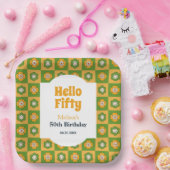 Hallo Retro Daisy Flower Checkered Papieren Bordje (Feest)