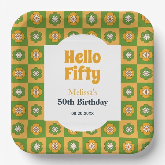 Hallo Retro Daisy Flower Checkered Papieren Bordje (Voorkant)