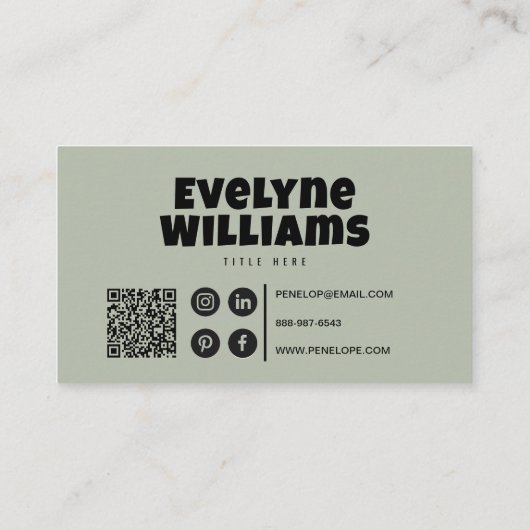 Hallo Retro Groovy Neutrale Sage Groene QR Code Visitekaartje (Achterkant)