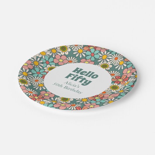 Hallo Retro Hippie Groovy Flower Papieren Bordje (Gekanteld)
