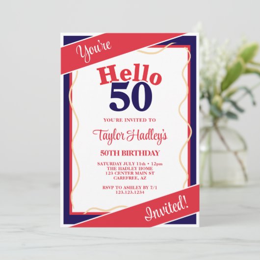 Hallo Rood Wit & Blauw 50ste verjaardag Uitnodigin Kaart (Staand voorkant)