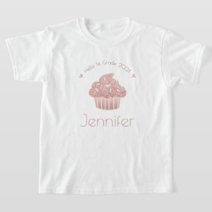 Hallo Roos Gold Glitter Cupcake Custom Grade Naam T-shirt