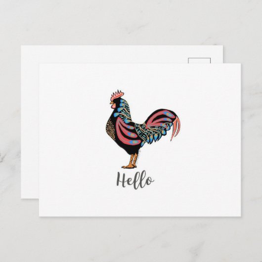 hallo ""Rooster" Chicken Folk Briefkaart Travel Wo (Voorkant / Achterkant)