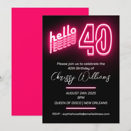 Hallo Roze 40 retro neon 40e verjaardag Party Kaart (Voorkant / Achterkant)