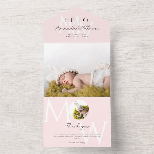 Hallo Roze Monogram Foto Geboorte aankondiging (Binnen)