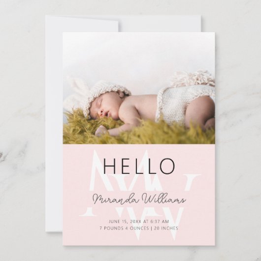 Hallo Roze Monogram Foto Geboorte aankondiging (Voorkant)
