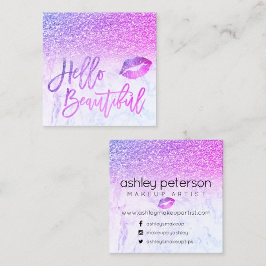 hallo roze paarse glitter ombre marmer vierkante visitekaartje (Voorkant / Achterkant)
