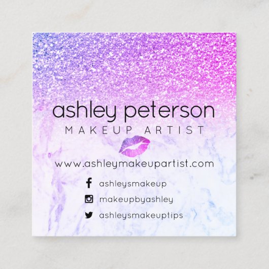 hallo roze paarse glitter ombre marmer vierkante visitekaartje (Achterkant)