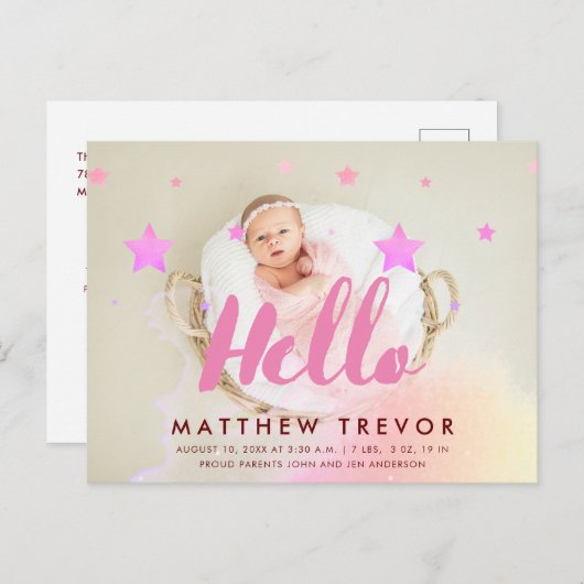 hallo Roze script Dreamweaver Baby Birth Foto Aankondigingskaart (Voorkant / Achterkant)