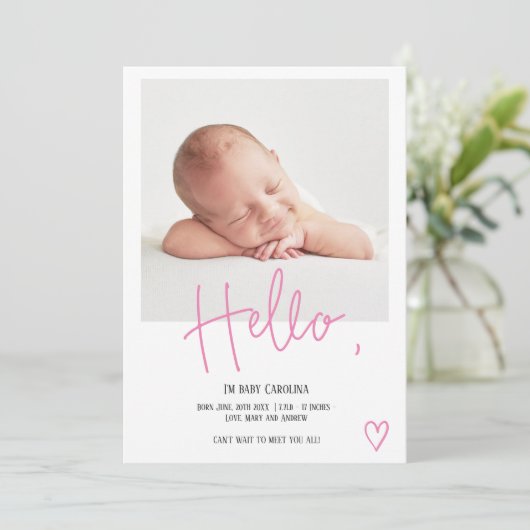 hallo roze script foto baby aankondiging (Staand voorkant)