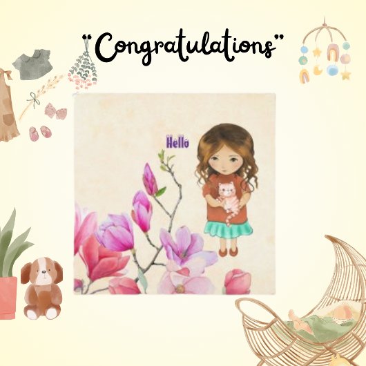 Hallo Schattige meisje en kat Kaart