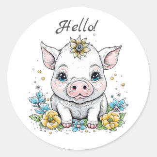 Hallo Schattige varken met bloem op haar hoofd Ronde Sticker