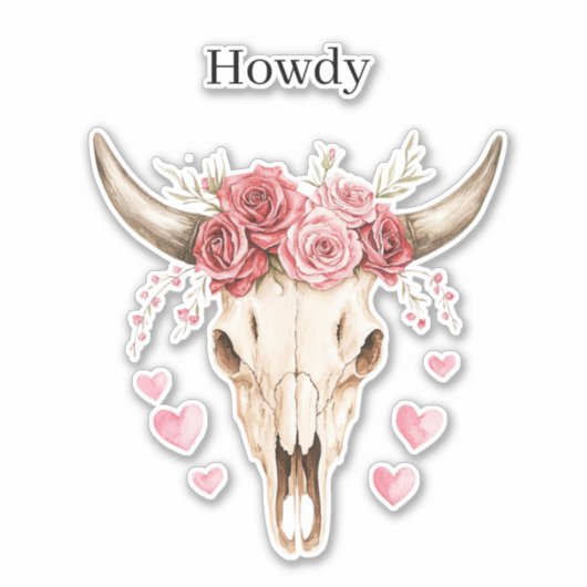 Hallo Schedel Roze Rozen Harten Sticker (Voorkant)