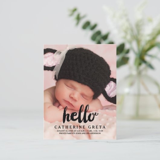 Hallo Script | Baby Geboorteaankondiging Briefkaar Aankondigingskaart (Staand voorkant)