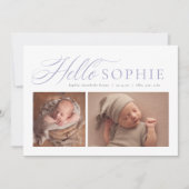 hallo script elegant twee foto paarse geboorte aankondiging (Voorkant)