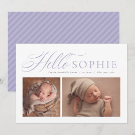 Hallo script elegant twee foto paarse geboorte aankondiging