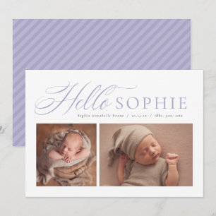Hallo script elegant twee foto paarse geboorte aankondiging
