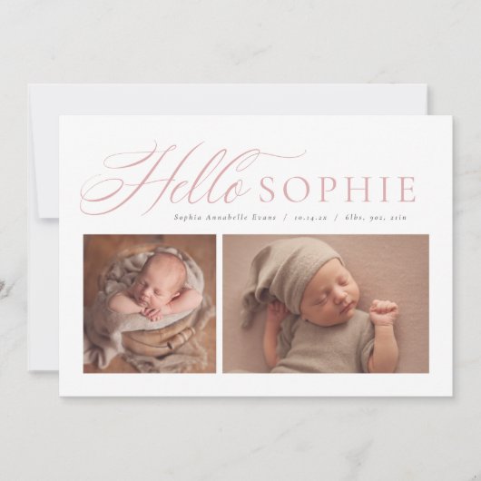 hallo script elegant twee foto roze geboorte aankondiging (Voorkant)