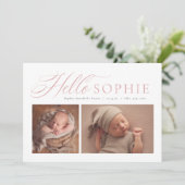 hallo script elegant twee foto roze geboorte aankondiging (Staand voorkant)