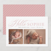 hallo script elegant twee foto roze geboorte aankondiging (Voorkant / Achterkant)