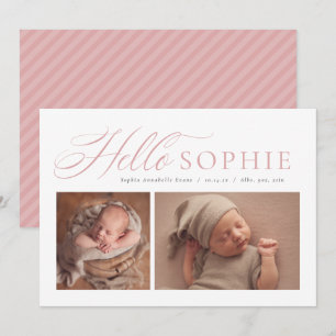 Hallo script elegant twee foto roze geboorte aankondiging