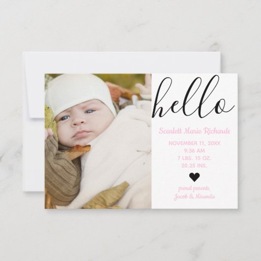 Hallo Script Foto Roze - 3x5 Geboorteaankondiging Aankondiging (Voorkant)
