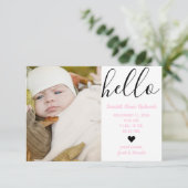 Hallo Script Foto Roze - 3x5 Geboorteaankondiging Aankondiging (Staand voorkant)