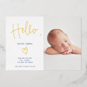Hallo script hart blauwe foto baby jongen geboorte folie uitnodiging (Voorkant)