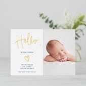 Hallo script hart blauwe foto baby jongen geboorte folie uitnodiging (Staand Voorkant)