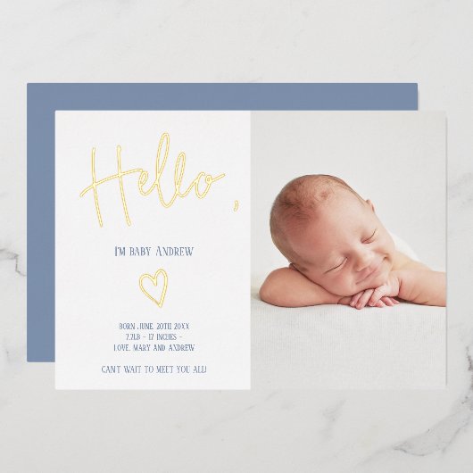 Hallo script hart blauwe foto baby jongen geboorte folie uitnodiging (Voorkant / Achterkant)